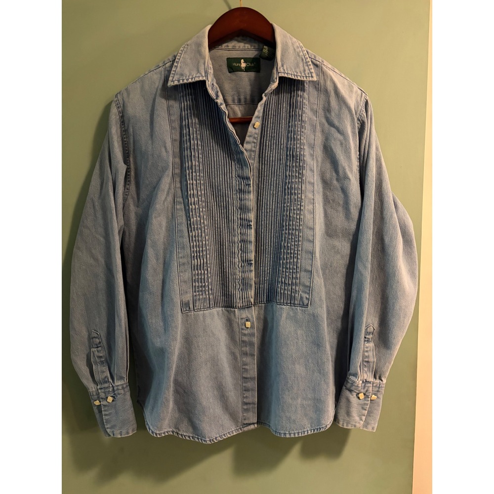Vintage Hunt Club Denim Tuxedo Shirt Pleated Bib Front Light Wash Blue Medium